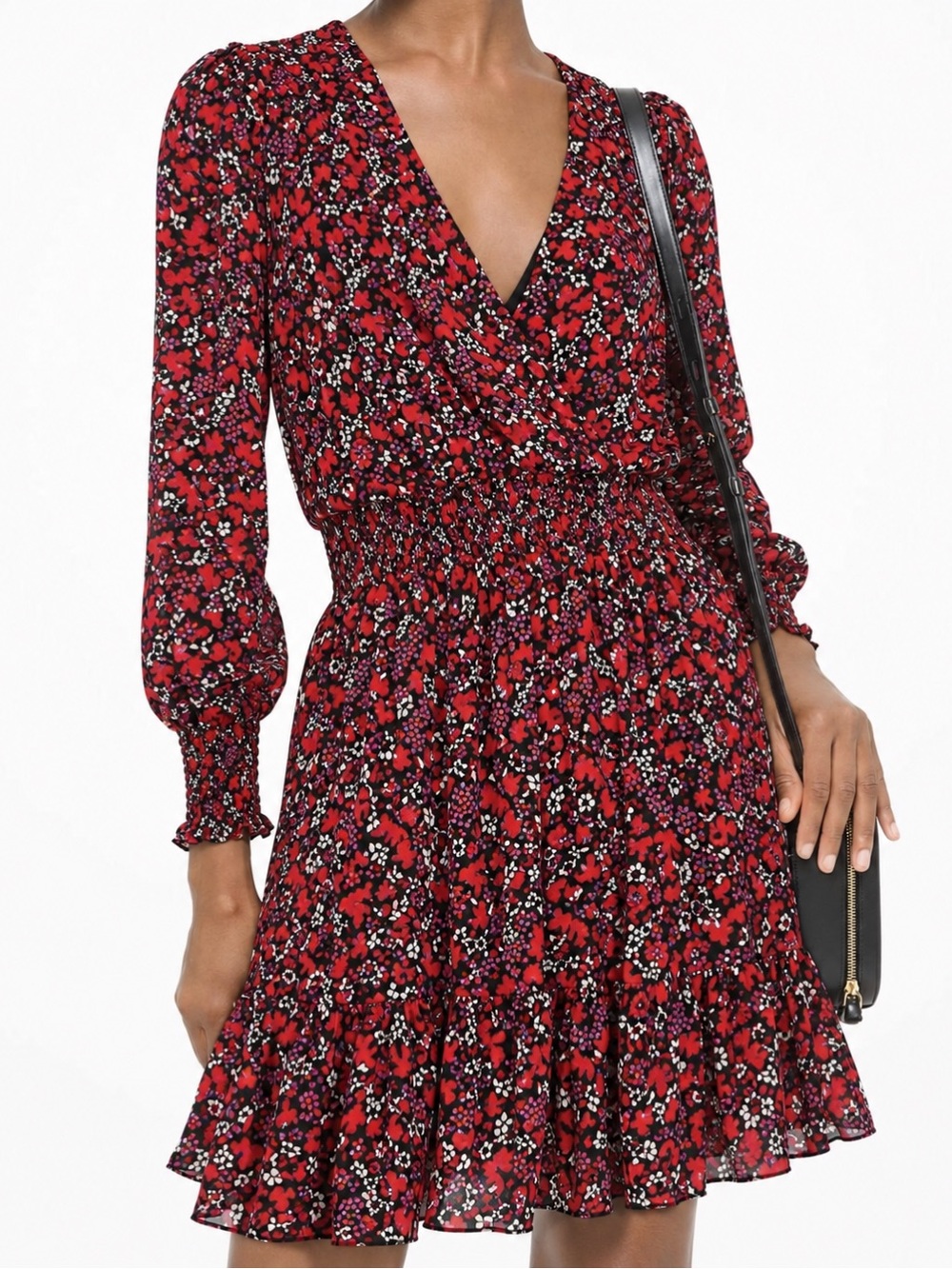 Red Floral V-Neck Smocked Wrap Waist Dress